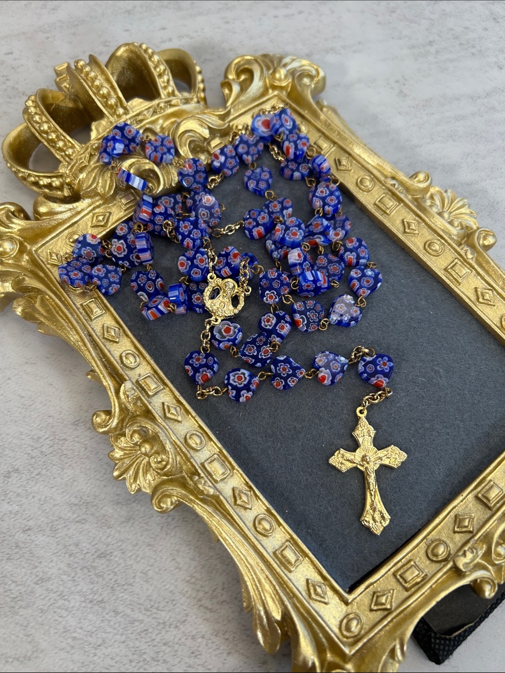 Blue Millefiori Glass Rosary Necklace with Gold Cross - Picture 3 of 4